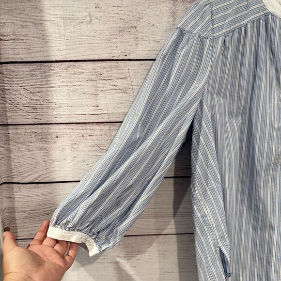 LOFT Striped Popover Blouse Size XL Blue White Split Neck 3/4 Sleeve Cotton Top - Picture 4 of 10